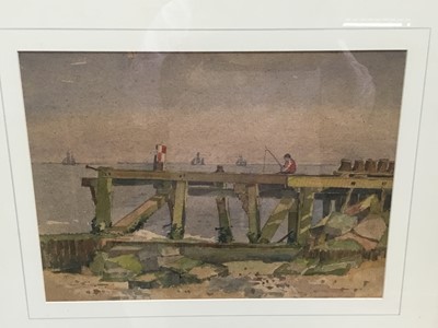Lot 154 - East Anglian School, early 20th century, watercolour, fishing off a jetty, 17 x 38cm, glazed frame
