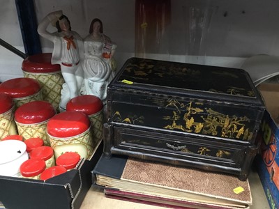Lot 110 - Victorian Staffordshire pottery figure of a courting couple together with glassware, storage jars, chinoiserie casket and sundries