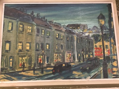 Lot 132 - English School, mid 20th century, oil on board - London street scene, signed with initials EC, 33 x 47cm