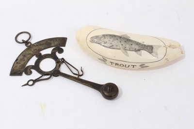 Lot 677 - Antique scrimshaw whale tooth 'trout' together with 19th century brass set of hanging scales