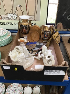 Lot 88 - Pair 19th century Paris porcelain vases - damaged , three wax plaques of Napoleon and Wellington,ormolu curtain tie backs and sundries.