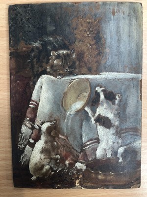 Lot 142 - Edwardian oil on paper over a printed base, laid on panel - dogs upsetting a bowl of milk from two cats, in decorative painted frame