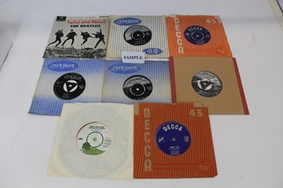 Lot 1862 - Small selection of rare single records including Matchbox by Carl Perkins, Money by Barrett Strong, The Fiestas and art etc