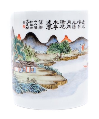 Lot 187 - Chinese porcelain brush pot, polychrome painted with landscape scenes and calligraphy