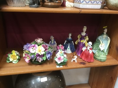 Lot 160 - Set of six Doulton figurines, Beswick cat, four Crown Staffordshire floral groups