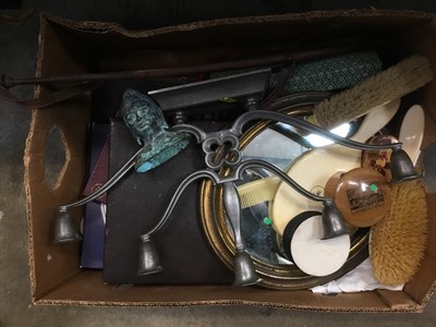 Lot 277 - Mauchine ware string dispenser, christening gowns, retro telephone, cased dressing table set, Chinese chop sticks, leather riding whip, ivory handled brushes, boxes, commemorative plates, five bran...