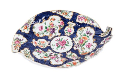 Lot 99 - Worcester blue scale ground leaf shaped dish, circa 1770