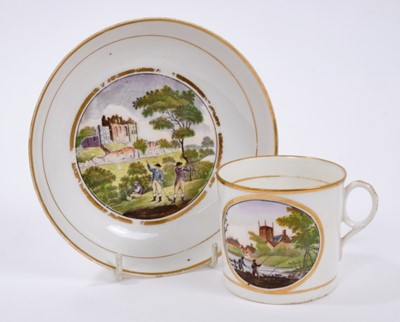 Lot 91 - New Hall coffee can and saucer, a Derby saucer and a Davenport can