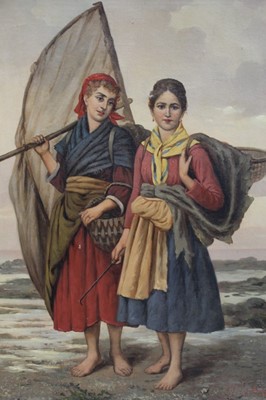 Lot 1233 - Good interesting 19th Century oil on canvas depicting two French fish girls, signed. Noonier