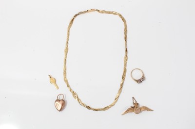 Lot 20 - 9ct gold RAF sweetheart brooch, 9ct gold ring, 14ct gold necklace, 9ct gold '18' key charm and a yellow metal padlock clasp