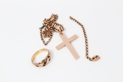 Lot 4 - 9ct rose gold cross pendant on chain and 15ct gold ring