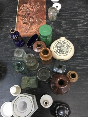 Lot 194 - Old Sheffield plate galleried tray, copper covered blotter, collection of pens and inkwells