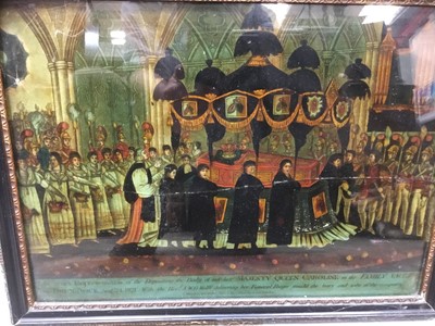 Lot 266 - Georgian reverse coloured print on glass depicting 'Deposing of the body of the late Majesty Queen Caroline in the family vaults at Brunswick', framed