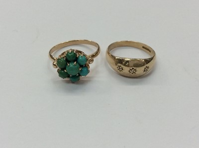 Lot 658 - 9ct gold turquoise cluster ring, size N, together with 9ct gold diamond gypsy ring, size M