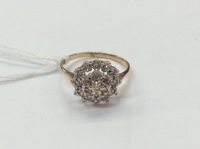Lot 667 - 9ct gold diamond cluster ring. Size N