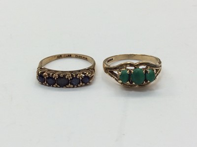 Lot 668 - 9ct gold five stone sapphire ring, size L and one other 9ct gold three stone ring, size L