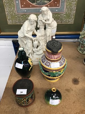 Lot 30 - 19th century majolica jug, tobacco jar, two Parian figures, Bonn vase, another vase