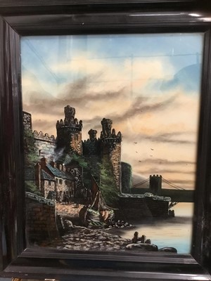 Lot 118 - Reverse painting on glass, together with a watercolour and Chinese embroidered panel