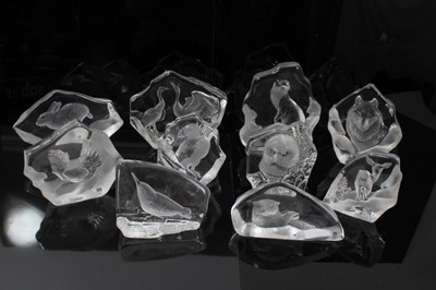 Lot 999 - Collection of ten Mats Jonasson glass sculptures, including otter, rabbit, wolf and others, the largest 16cm tall