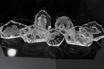 Lot 985 - Mats Jonasson glass sculpture - elephant, 1993 Collectors Society edition, 20cm long, together with polar bear family, panda. (3)