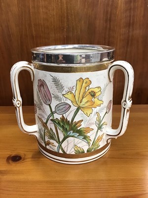 Lot 10 - Early 20th century three handled tyg with plated rim, together with other decorative china