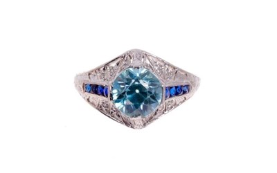 Lot 488 - Art Deco blue zircon, sapphire and diamond platinum ring