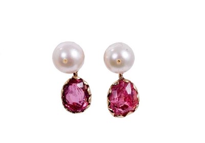 Lot 476 - Pair of cultured pearl and spinel earrings