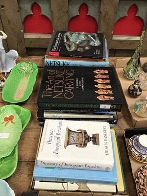Lot 21 - Selection of antique referencing books, including the Art of Netsuke Carving, Sotheby's sale catalogue 'Netsuke from the Bushell collection', Hand Painted Royal Worcester Porcelain and others