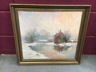 Lot 137 - James Chambury (1927-1994) oil on canvas - View from Toppesfield Bridge, Hadleighw