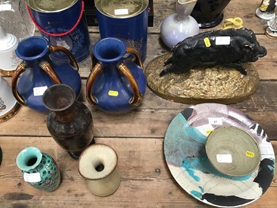 Lot 27 - Group of ceramics, including a French terracotta model of a boar signed E. Baudson, a 19thc Dutch vase painted with a tavern scene