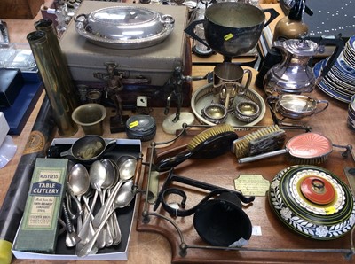 Lot 413 - Oak tray with presentation inscription together with brass shell cases, silver plated ware and sundries