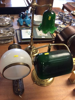 Lot 430 - Two brass desk lamps with green glass shades and one other wall light