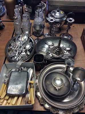 Lot 436 - Pair of telescopic candle sticks, flatware, cruet frame and sundry metalware