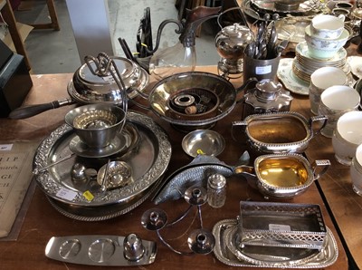 Lot 408 - Silver plated circular entree dish, goose claret jug and other metalwares