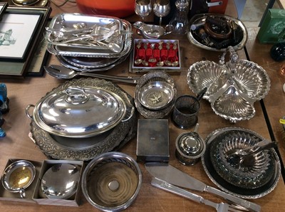 Lot 419 - Silver plated cigarette box, plated drum mustard and other metalwares