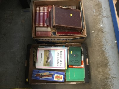Lot 253 - Two boxes of books to include antique leather bound books, Victorian Fullerton & Co. Imperial Map of England & Wales, railway interest etc