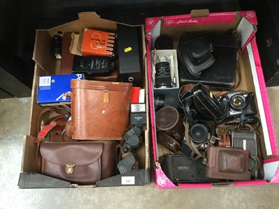 Lot 245 - 2 boxes of cameras, binoculars, and photographic accessories, including Pentax and Yashica SLRs, Zeiss Ikon, etc