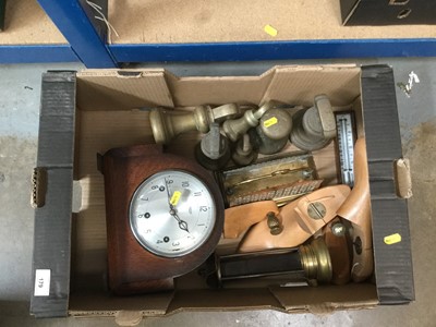 Lot 179 - Sundry items, including a set of brass weights, brass letter rack, miners lamp, Smiths Enfield clock, etc