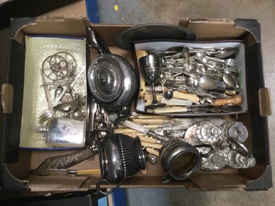 Lot 181 - Box of silver plate, including a tea service, souvenir spoons, cruet, mascots, cutlery, etc