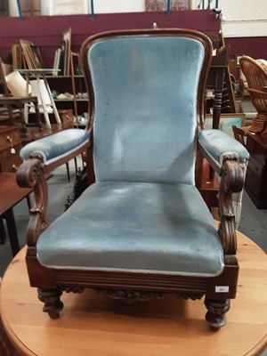 Lot 891 - William IV carved mahogany open armchair, Victorian ebonised scroll back chair and a Victorian nursing chair