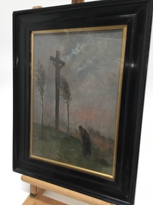 Lot 81 - Arthur George Bell (1849-1916) framed oil painting of a crucifixion, the frame measuring 45.5cm x 35cm