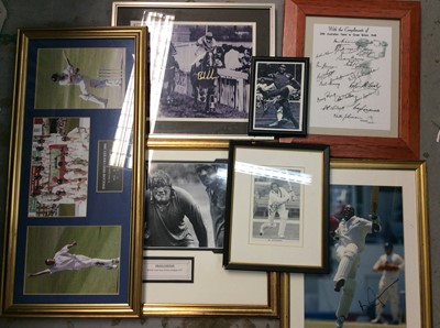 Lot 433 - Framed autographs to include Brian Lara, Basil D'Oliveira and others together with reproduction cigarette cards and other sporting pictures