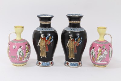 Lot 33 - Good garniture of antique Greek revival ceramics, including a pair of pink ground urns by Brown-Westhead, Moore & Co, and a pair of Tuscan Grecian Ware vases (4)
