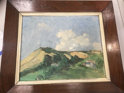 Lot 294 - Manner of Campbell Mellon - oil on board, landscape with cliff