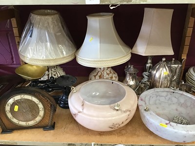 Lot 507 - 2 1930s glass shades, 3 lamps, silver plate and a set of scales