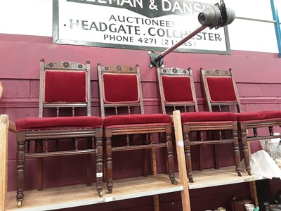 Lot 971 - Set of four arts and crafts oak dining chairs, together with a set of three Victorian balloon back chairs, 1920s mahogany standard lamp