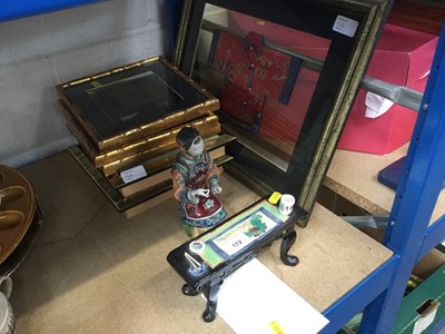 Lot 172 - Chinese finely modelled pottery figure of an artist, two Chinese finely painted snuff bottles in glazed frames and four Chinese glazed pictures