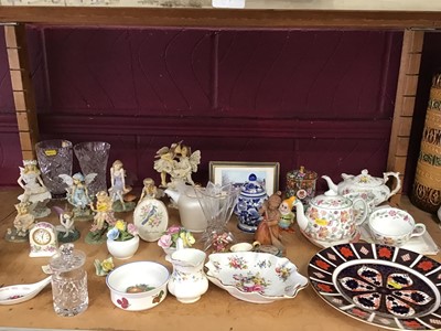 Lot 508 - Assorted china, including Royal Crown Derby, Minton Haddon Hall, Leonardo fairies, West German pottery, etc (2 shelves)