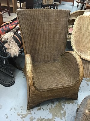 Lot 950 - Antique Elm captains chair together with a wicker conservatory chair and a small torchere (3)