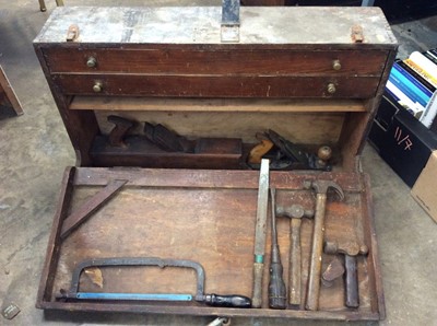 Lot 460 - Antique pine tool box containing various hand tools